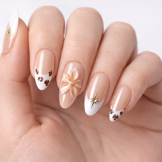 Nude Bloom Luxe Press-On Nails | Floral French Tip Nails with Gold Accents