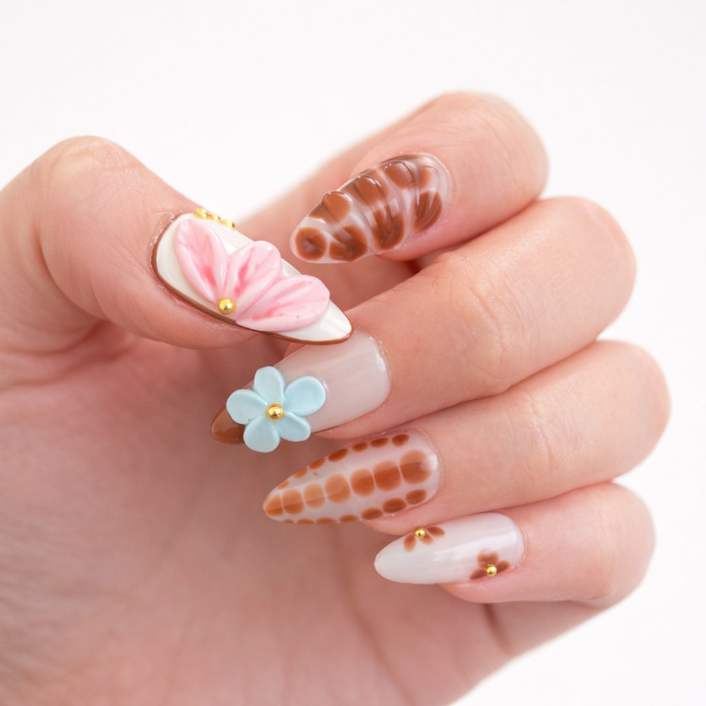 Tortoise Bloom | Medium Almond Press On Nails