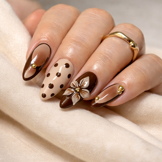 Mocha Bloom | Medium Almond Press On Nails