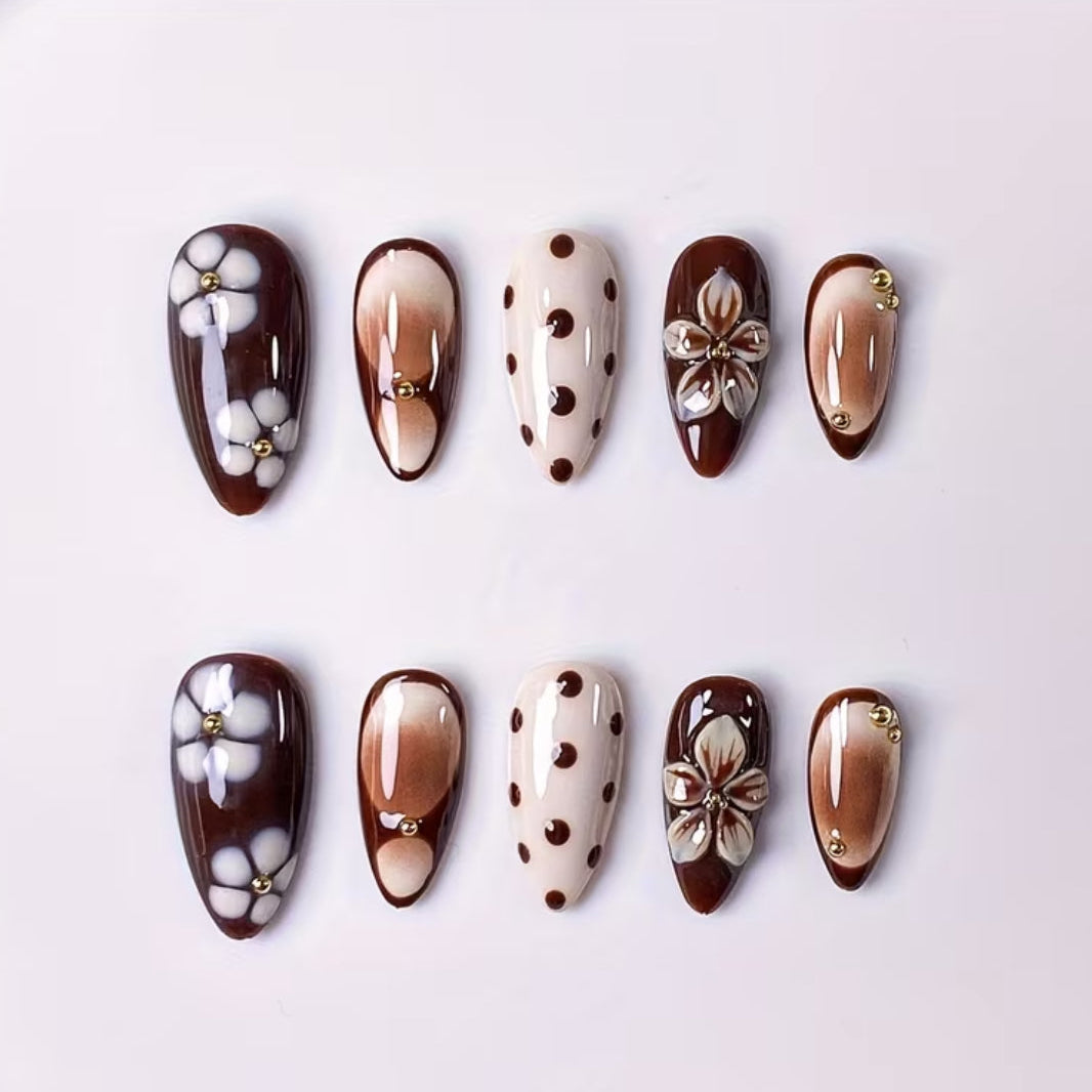 Mocha Bloom | Medium Almond Press On Nails